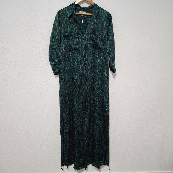 L' AGENCE Cameron Emerald Green Abstract Ikat Maxi Shirt Dress 100% Silk Small - Picture 2 of 7